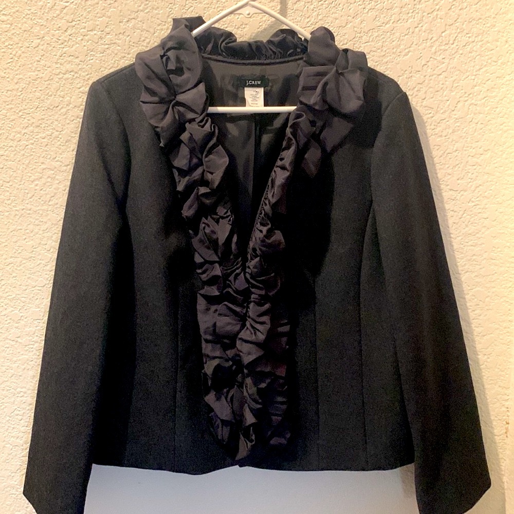 J. Crew Charcoal Gray Silk & Wool Ruffled Blazer